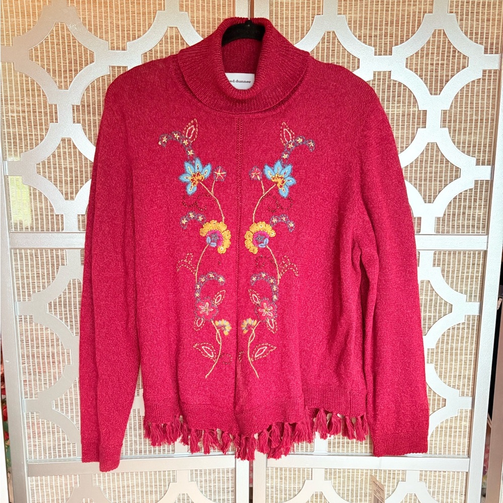 NWT Alfred Dunner Red Turtleneck Sweater with Floral Embroidery